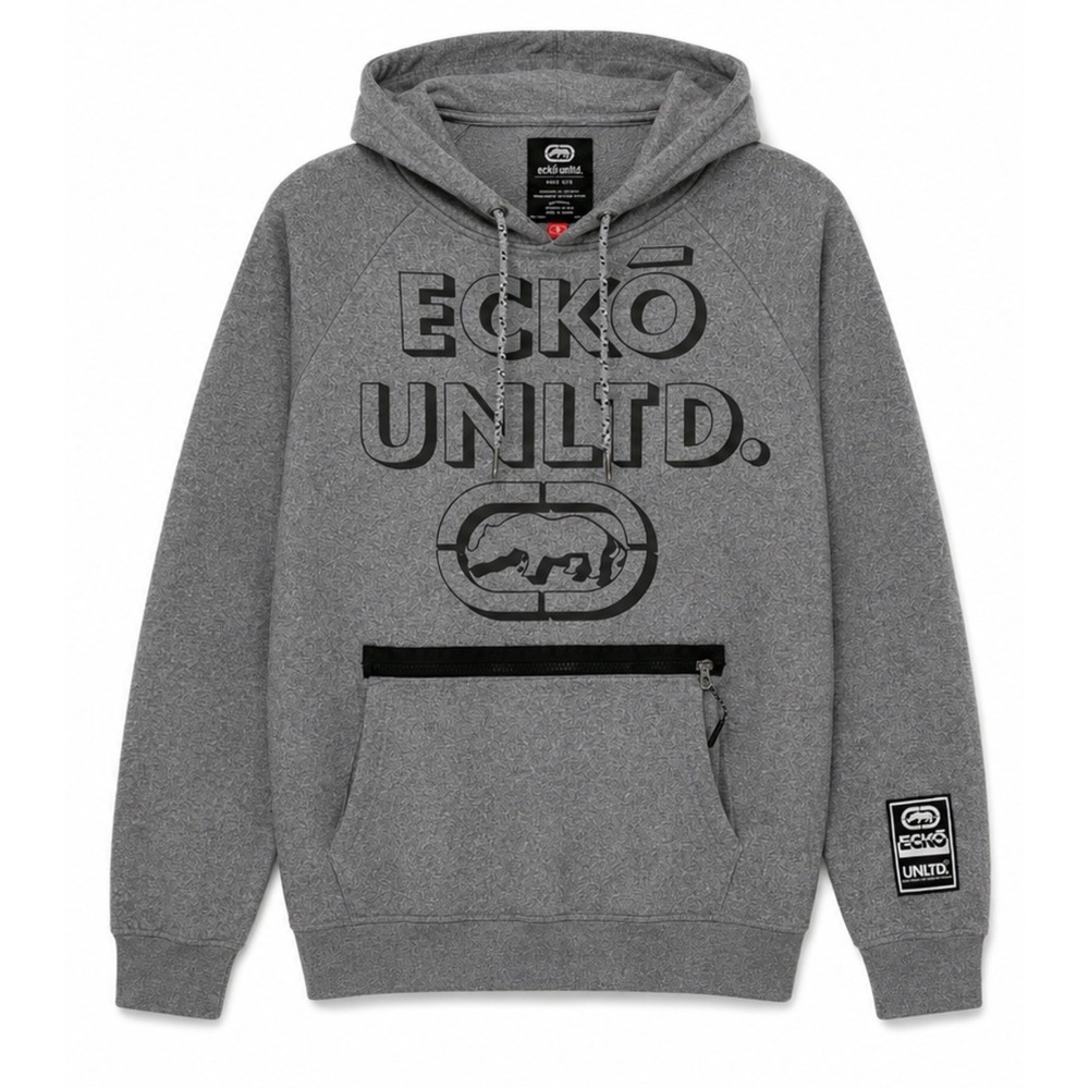 Ecko Unltd Mens Gray Graphic Pullover Hoodie Zipper Pocket Sweatshirt Sm Y2K